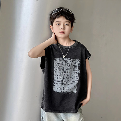 男童T桖2025夏季新款炒色復古做舊高街美式印花t恤背心，褲子有