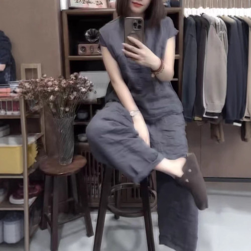 25295大愛美依緣2025夏季新款復古盤釦簡約時尚兩件套顯瘦套裝女