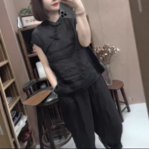 25295大愛美依緣2025夏季新款復古盤釦簡約時尚兩件套顯瘦套裝女