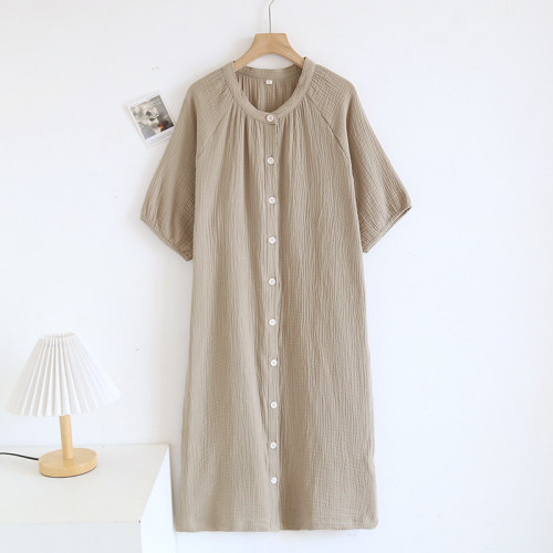 日系縐布純棉睡裙女寬松家居服夏季薄款雙層紗布家居裙開衫長裙