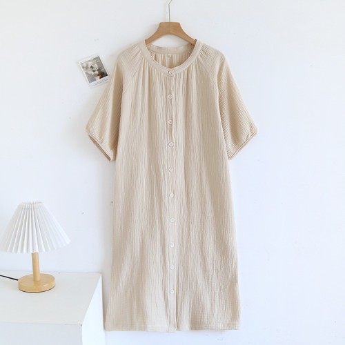 日系縐布純棉睡裙女寬松家居服夏季薄款雙層紗布家居裙開衫長裙