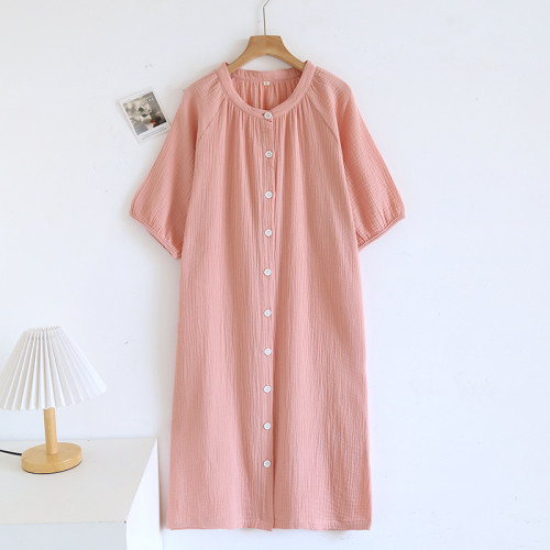 日系縐布純棉睡裙女寬松家居服夏季薄款雙層紗布家居裙開衫長裙
