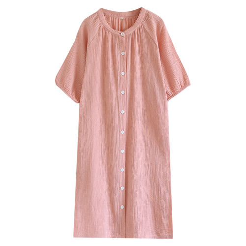 日系縐布純棉睡裙女寬松家居服夏季薄款雙層紗布家居裙開衫長裙