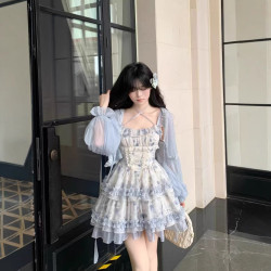 少女感蓬蓬公主裙小飛袖碎花蝴蝶結蛋糕連衣裙