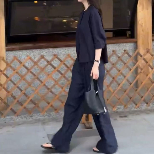 25292大愛美依緣2025夏季新款簡約圓領七分袖襯衫寬松濶腿長褲女
