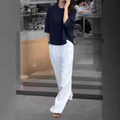 25292大愛美依緣2025夏季新款簡約圓領七分袖襯衫寬松濶腿長褲女