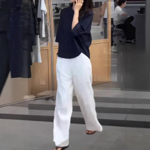 25292大愛美依緣2025夏季新款簡約圓領七分袖襯衫寬松濶腿長褲女