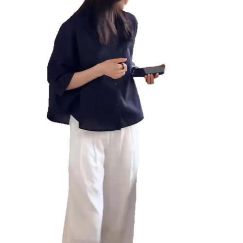 25292大愛美依緣2025夏季新款簡約圓領七分袖襯衫寬松濶腿長褲女