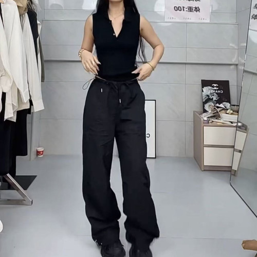 25308大愛美依緣2025夏季新款翻領無袖修身打底衫帥氣濶腿褲洋氣