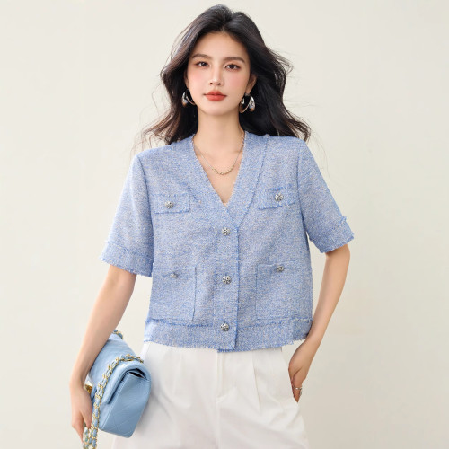 G8935女裝毛邊流蘇法式氣質短袖小香風女夏V領套頭藍色拉毛上衣