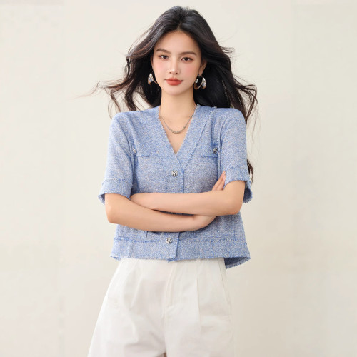 G8935女裝毛邊流蘇法式氣質短袖小香風女夏V領套頭藍色拉毛上衣