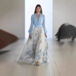 2025歐美女裝  獨立站 數碼印花 長袖 V領 拼接長裙 連衣裙