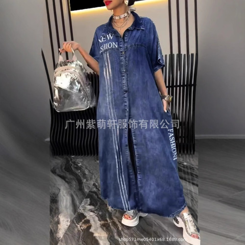 2025歐美TEMU七分袖薄條紋牛仔連衣裙春夏季中長款牛仔印花長裙潮
