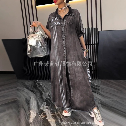 2025歐美TEMU七分袖薄條紋牛仔連衣裙春夏季中長款牛仔印花長裙潮