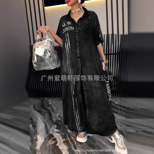 2025歐美TEMU七分袖薄條紋牛仔連衣裙春夏季中長款牛仔印花長裙潮