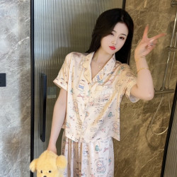 夏季氣質可愛休閒顯瘦睡衣女短袖長褲家居服套裝可外穿減齡