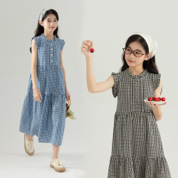 女童夏季小清新格子連衣裙新款中大童法式襯衫裙收腰洋氣蛋糕長裙