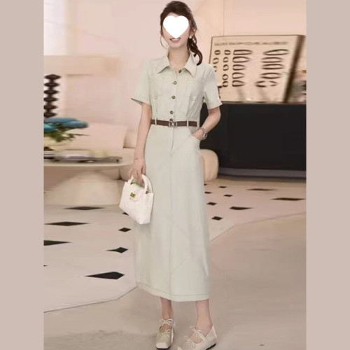 時尚連衣裙女2025夏季新款洋氣POLO領高腰收腰顯瘦中長款休閒裙子