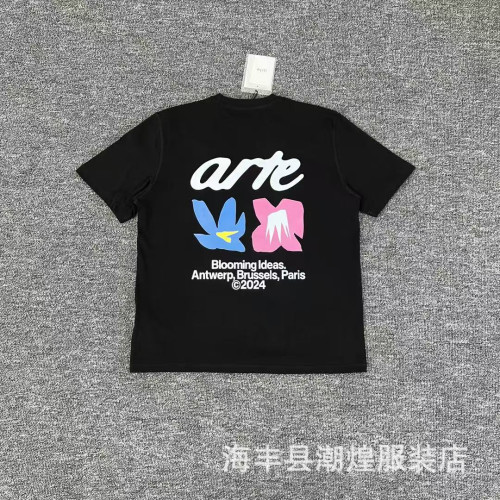 潮牌arte新款花卉樹葉玫瑰花字母印花男女情侶短袖t恤潮