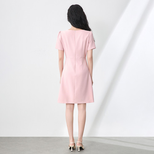 2506811-名媛重工V領鑲鑽短袖收腰連衣裙法式南油高品質女夏新款