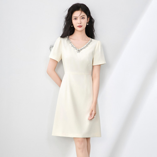 2506811-名媛重工V領鑲鑽短袖收腰連衣裙法式南油高品質女夏新款