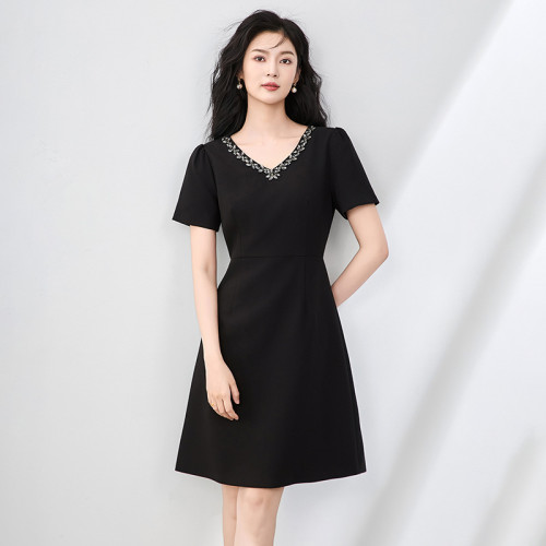 2506811-名媛重工V領鑲鑽短袖收腰連衣裙法式南油高品質女夏新款