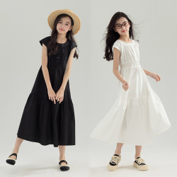 2025夏季新款中大女童純色無袖連衣裙法式氣質打攬收腰顯瘦中長裙