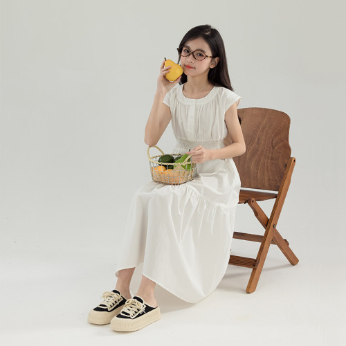 2025夏季新款中大女童純色無袖連衣裙法式氣質打攬收腰顯瘦中長裙