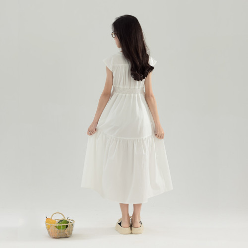 2025夏季新款中大女童純色無袖連衣裙法式氣質打攬收腰顯瘦中長裙