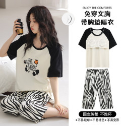 新款帶胸墊睡衣女夏仿棉短袖短褲夏季薄款胖MM大碼夏天家居服套裝