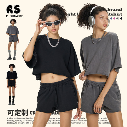 RS女裝|水洗短寬短袖辣妹TEE夏季280G純棉做舊短袖短褲套裝女
