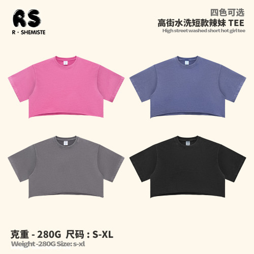 RS女裝|水洗短寬短袖辣妹TEE夏季280G純棉做舊短袖短褲套裝女
