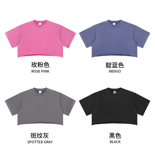 RS女裝|水洗短寬短袖辣妹TEE夏季280G純棉做舊短袖短褲套裝女