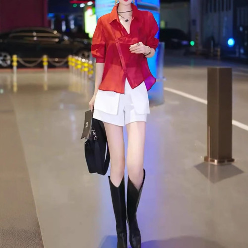 25317大愛美依緣2025夏季新高級感長袖防曬襯衫高腰設計感短褲女