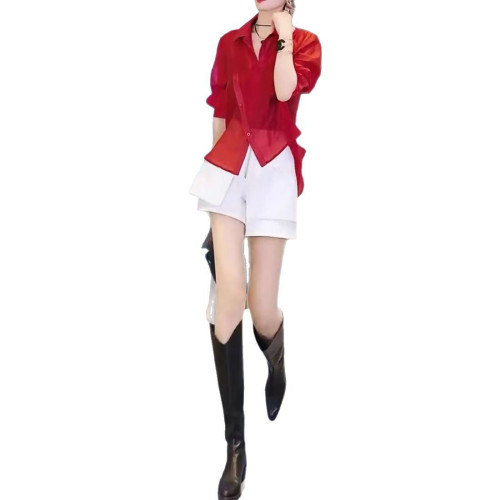 25317大愛美依緣2025夏季新高級感長袖防曬襯衫高腰設計感短褲女