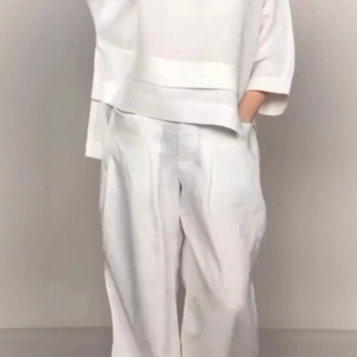 2025歐美風女裝獨立站純色圓領長袖休閒上衣中腰口袋直筒褲兩