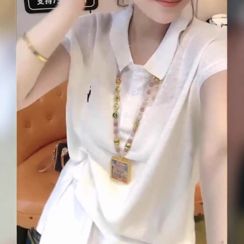 25059婕妤秀簡約時尚休閒上衣女2025夏季精緻刺綉舒適Polo領T恤潮
