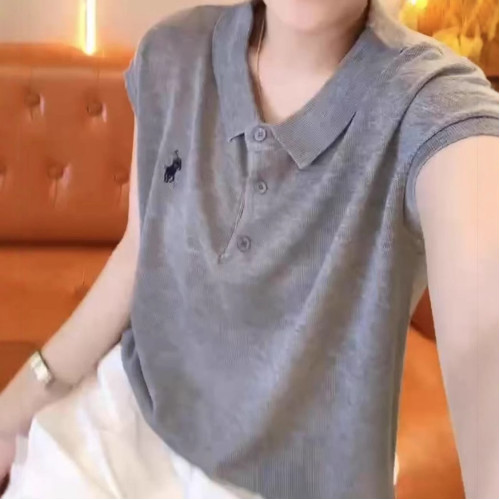 25059婕妤秀簡約時尚休閒上衣女2025夏季精緻刺綉舒適Polo領T恤潮