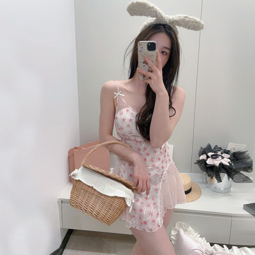 吊帶睡裙2025夏款新款玫瑰花冰雪絲可愛粉純欲睡衣誘惑性感女裙子