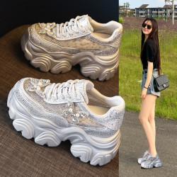 569-69厚底內增高小個子網面透氣水鑽老爹鞋女2025夏季松糕休閒鞋