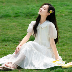 新23228少女連衣裙仙氣超仙森系初中學生夏裝大童高中女生夏季白