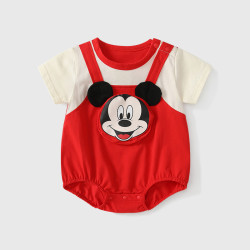 嬰兒卡通立體圖案包屁衣夏季 男寶寶紅白撞色背帶短袖薄款哈衣