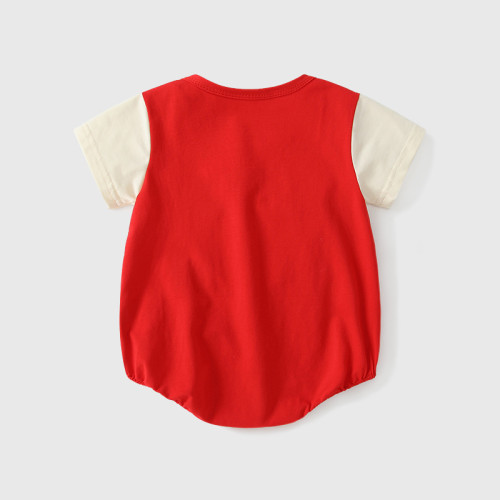 嬰兒卡通立體圖案包屁衣夏季 男寶寶紅白撞色背帶短袖薄款哈衣