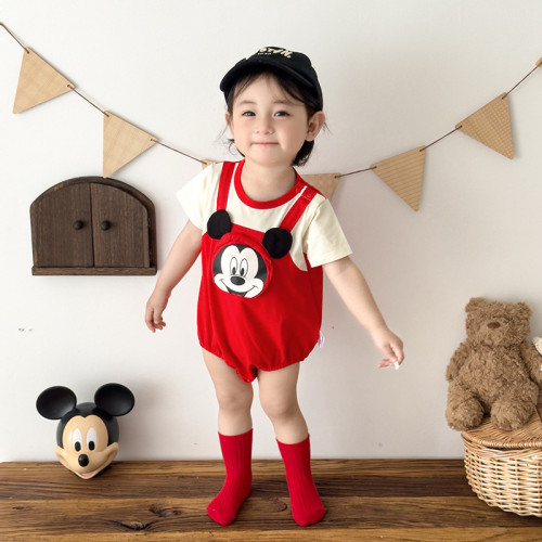 嬰兒卡通立體圖案包屁衣夏季 男寶寶紅白撞色背帶短袖薄款哈衣