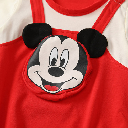 嬰兒卡通立體圖案包屁衣夏季 男寶寶紅白撞色背帶短袖薄款哈衣