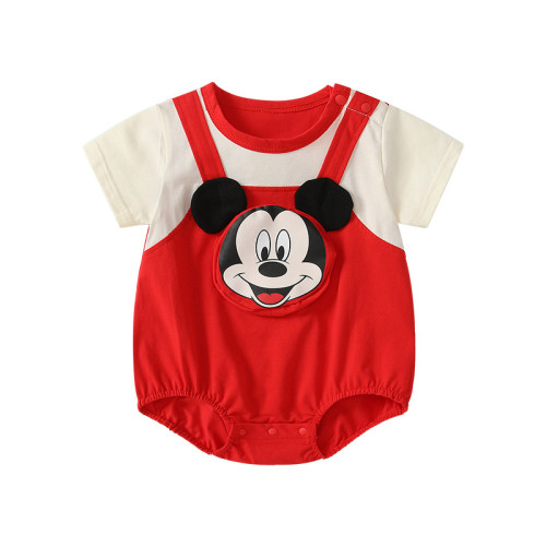 嬰兒卡通立體圖案包屁衣夏季 男寶寶紅白撞色背帶短袖薄款哈衣