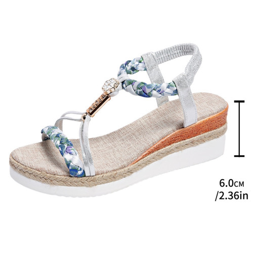 新款平底坡跟涼鞋女編織串珠露趾波西米亞風厚底大碼羅馬涼鞋