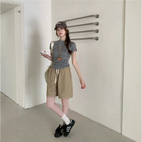藏青色日系高腰濶腿短褲夏季新款寬松休閒直筒松緊腰工裝五分褲女