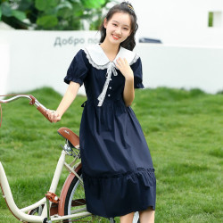 新22282少女連衣裙娃娃領夏季初中學生高中女生夏裝長款過膝長裙