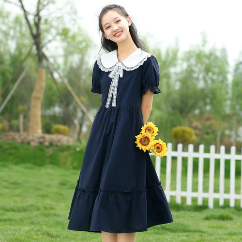 新22282少女連衣裙娃娃領夏季初中學生高中女生夏裝長款過膝長裙